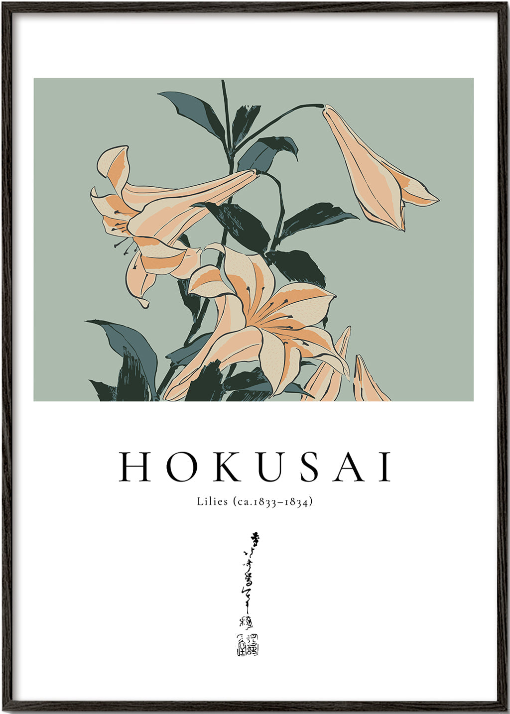 Botanisk poster Hokusai — liljor mot grönt fält