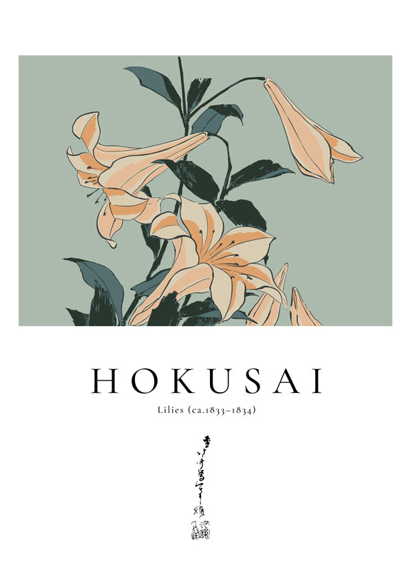 Botanisk poster Hokusai — liljor mot grönt fält