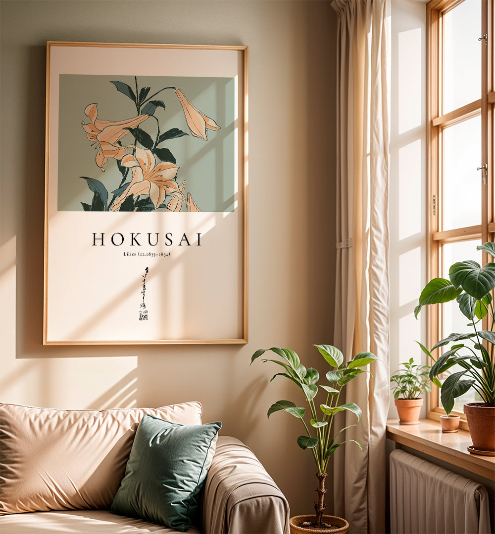 Botanisk poster Hokusai — liljor mot grönt fält