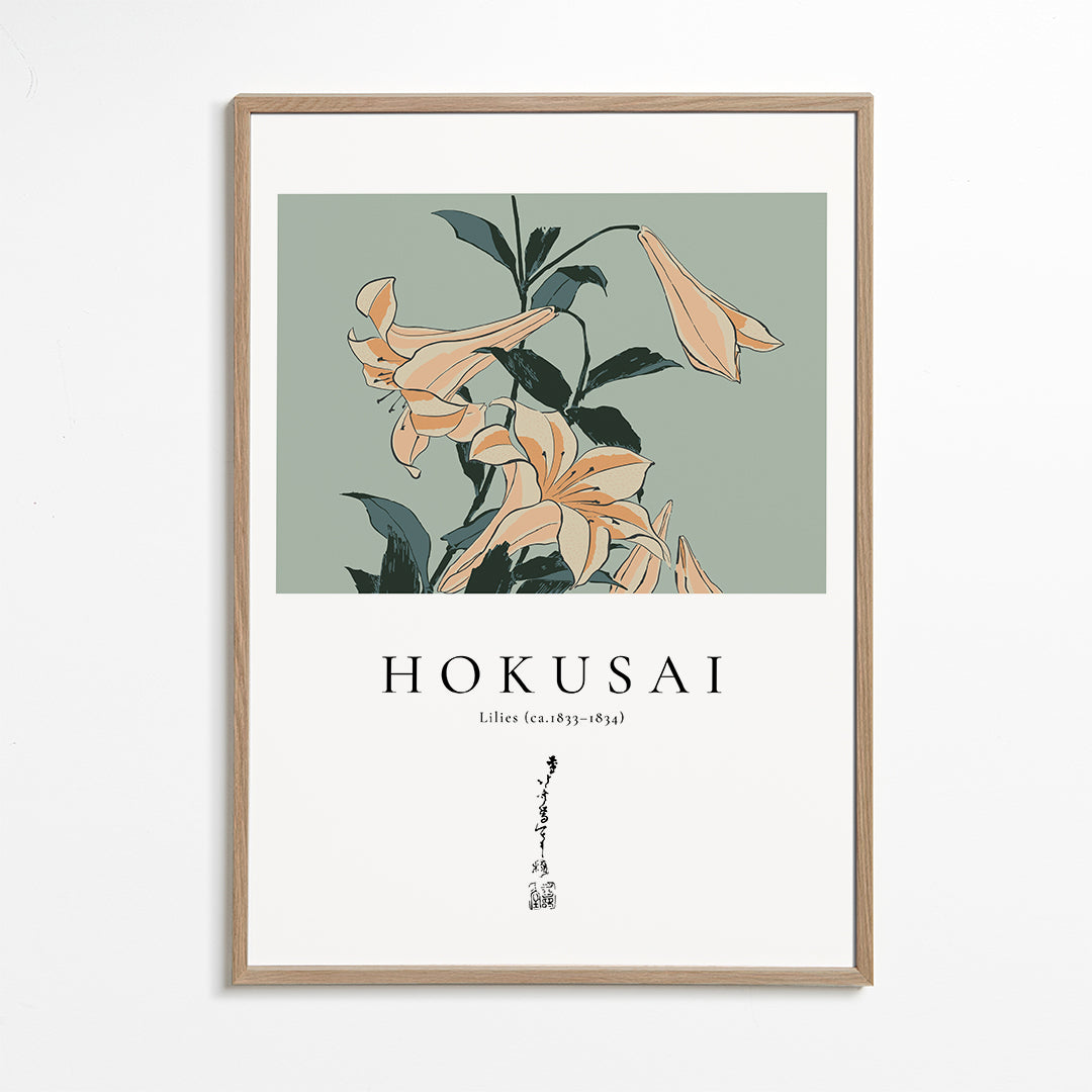 Botanisk poster Hokusai — liljor mot grönt fält