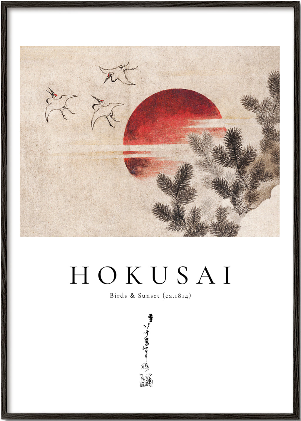 Konst Hokusai: fåglar och solnedgång med röd sol