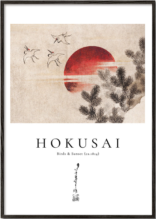 Konst Hokusai: fåglar och solnedgång med röd sol