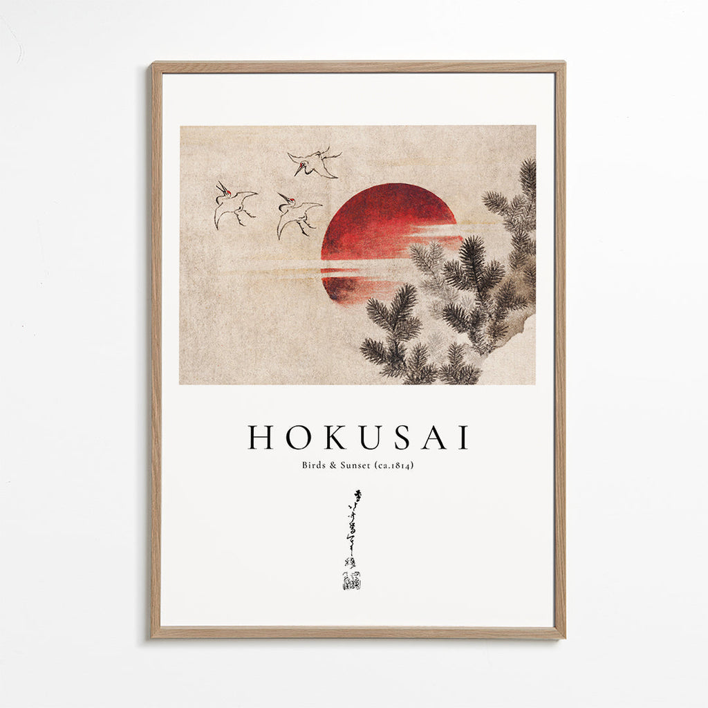 Konst Hokusai: fåglar och solnedgång med röd sol