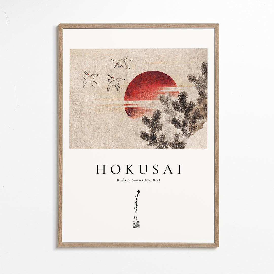Konst Hokusai: fåglar och solnedgång med röd sol
