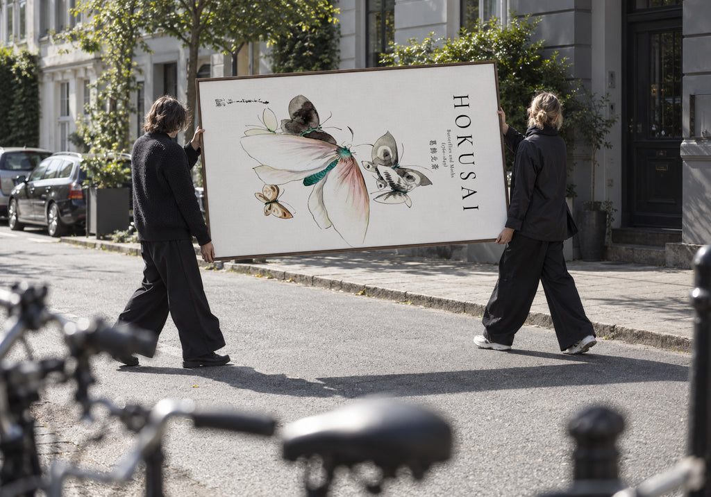 Butterflies and Moths by Katsushika Hokusai - Framed canvas in an interior