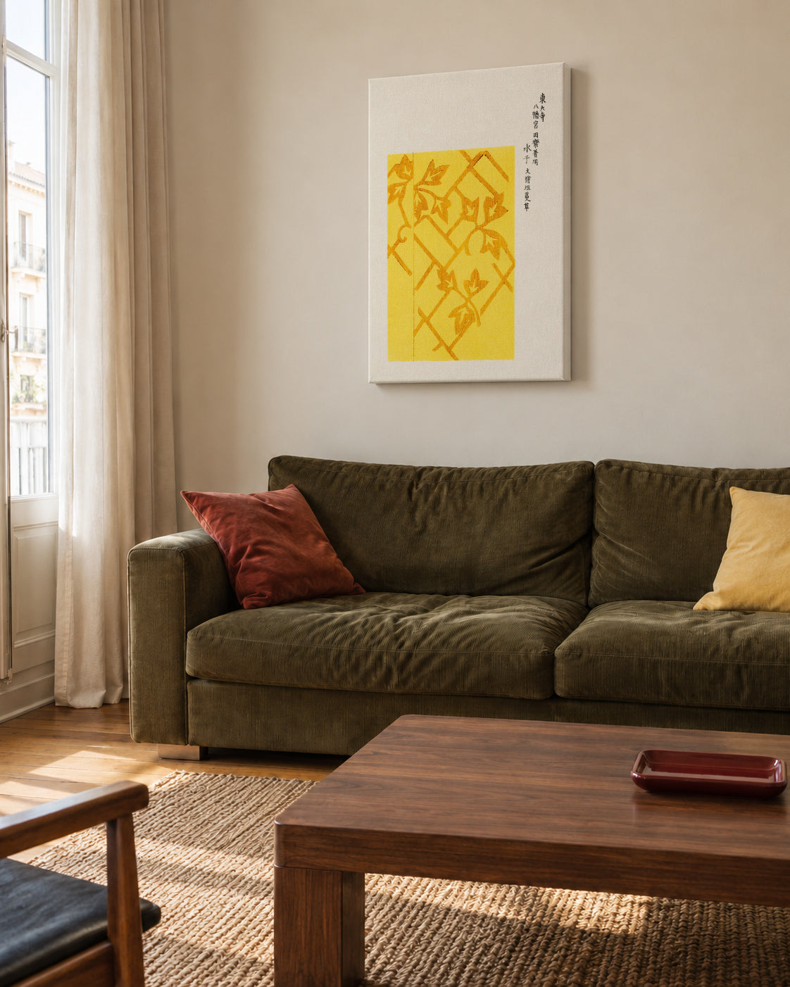Yellow Woodblock print from Yatsuo no tsubaki by Taguchi Tomoki - Unframed canvas in an interior