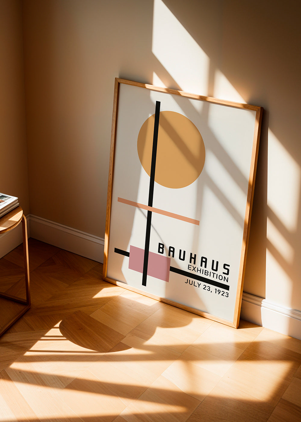 Geometriskt Bauhaus-poster med cirkelsol och axlar