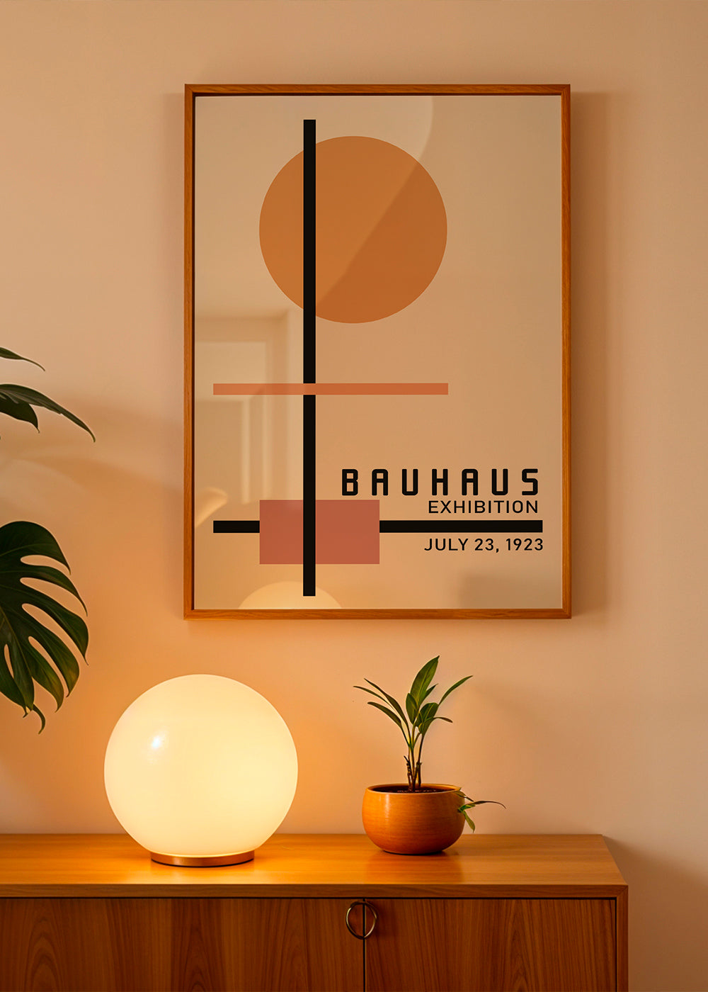 Geometriskt Bauhaus-poster med cirkelsol och axlar
