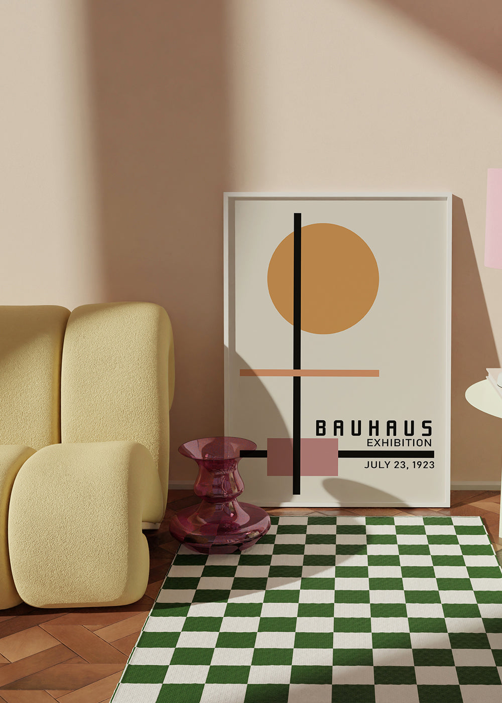 Geometriskt Bauhaus-poster med cirkelsol och axlar
