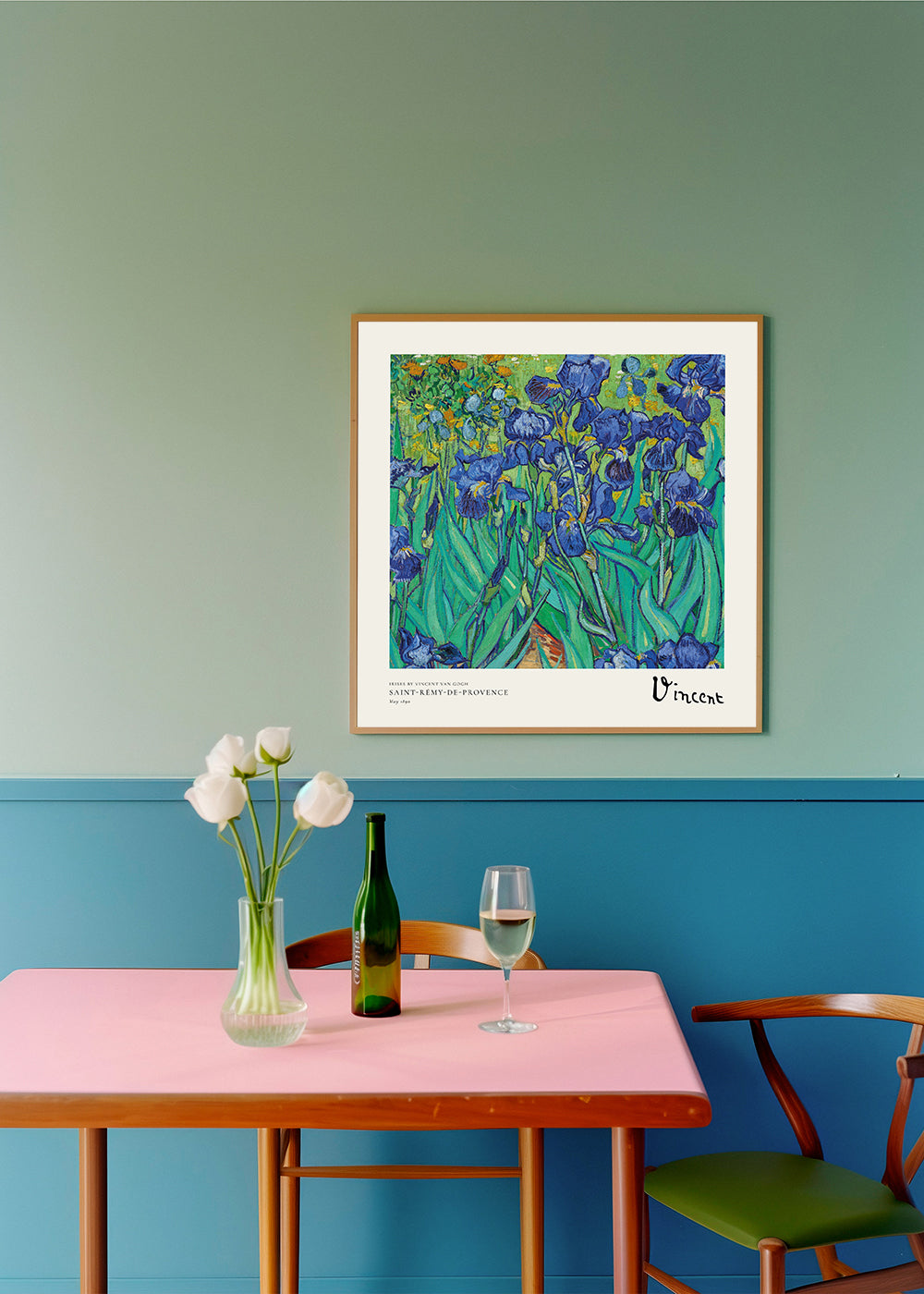 Botanisk poster med blå irisar