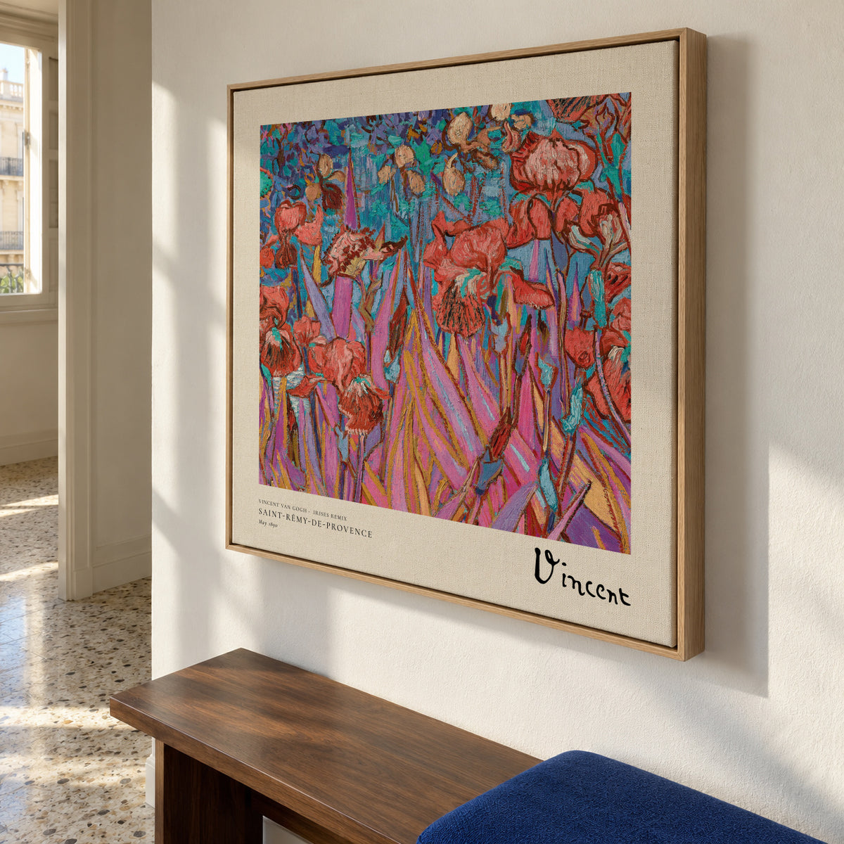 Vincent van Gogh - Irises Remix - Square - Framed canvas in an interior