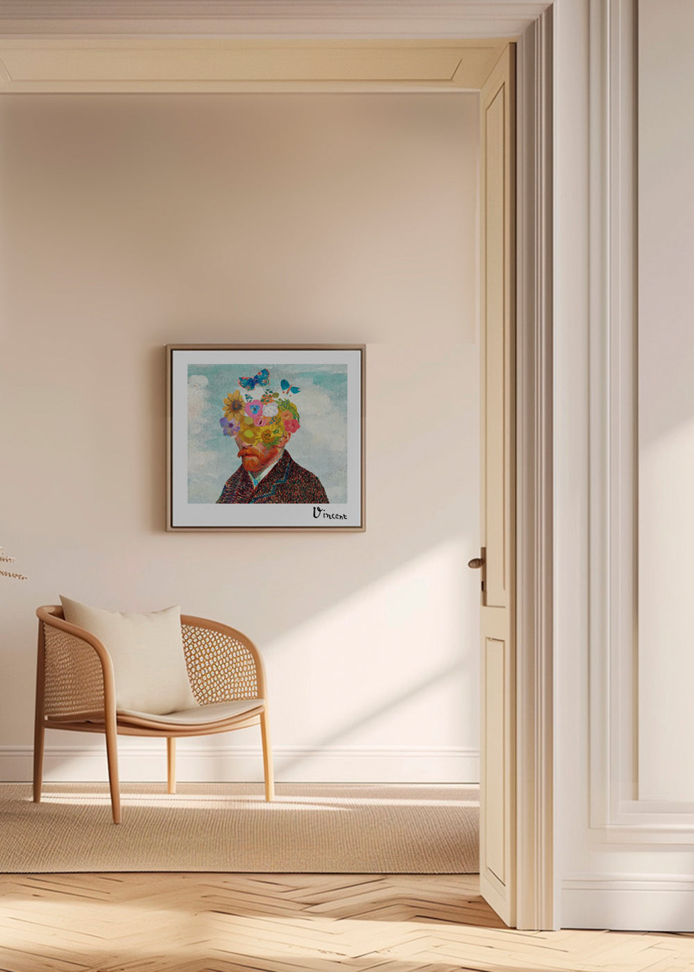Botanisk poster: blomporträtt med fjärilar