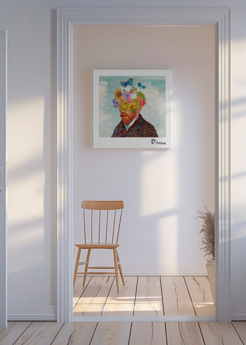 Botanisk poster: blomporträtt med fjärilar