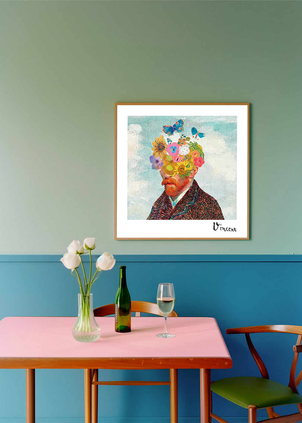 Botanisk poster: blomporträtt med fjärilar