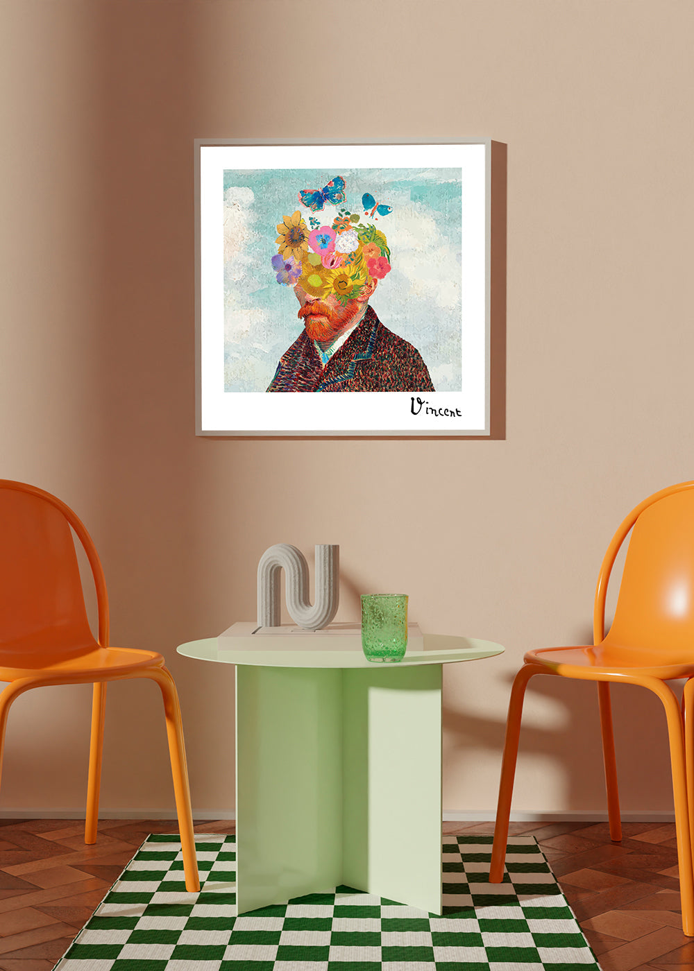 Botanisk poster: blomporträtt med fjärilar