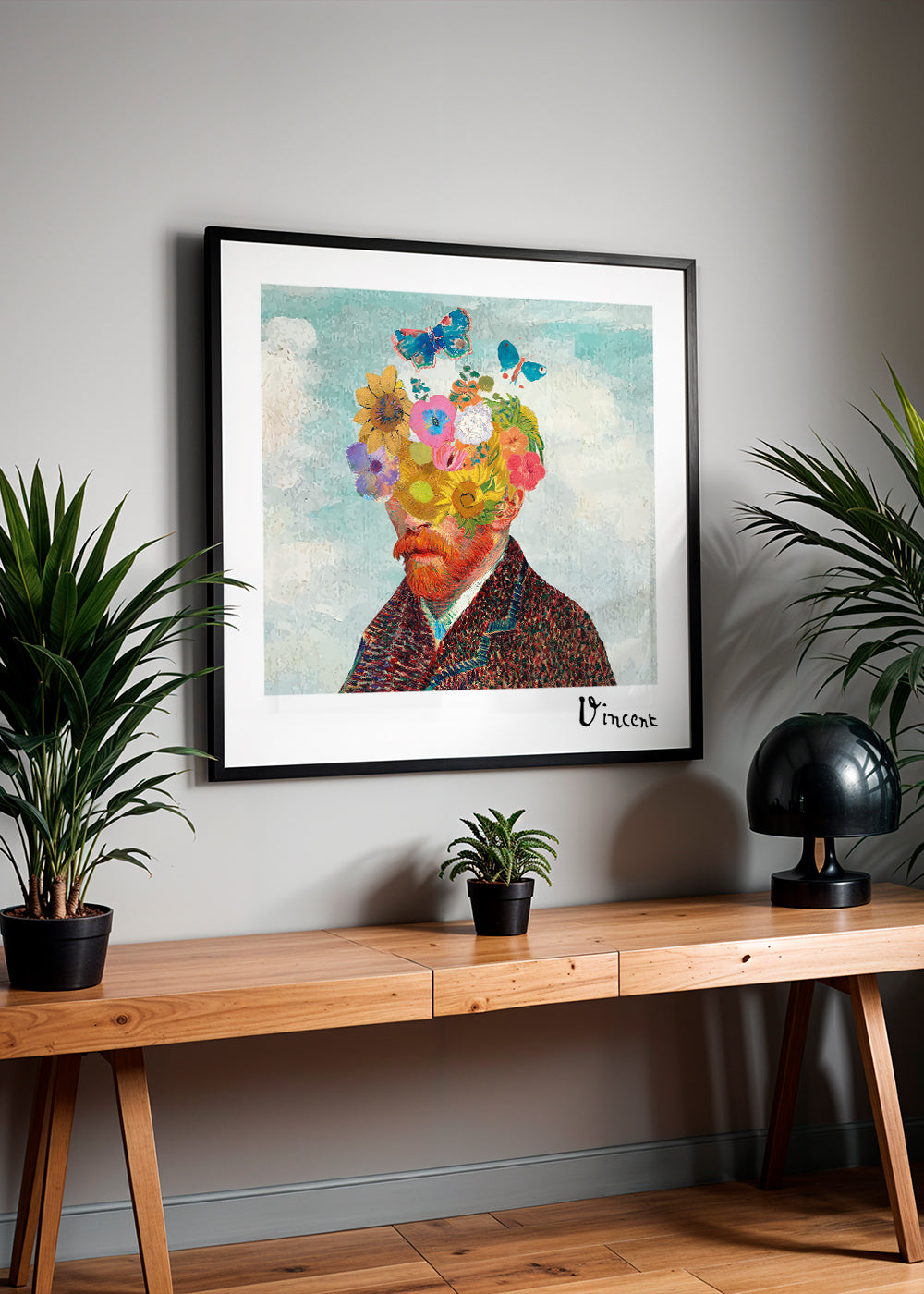 Botanisk poster: blomporträtt med fjärilar