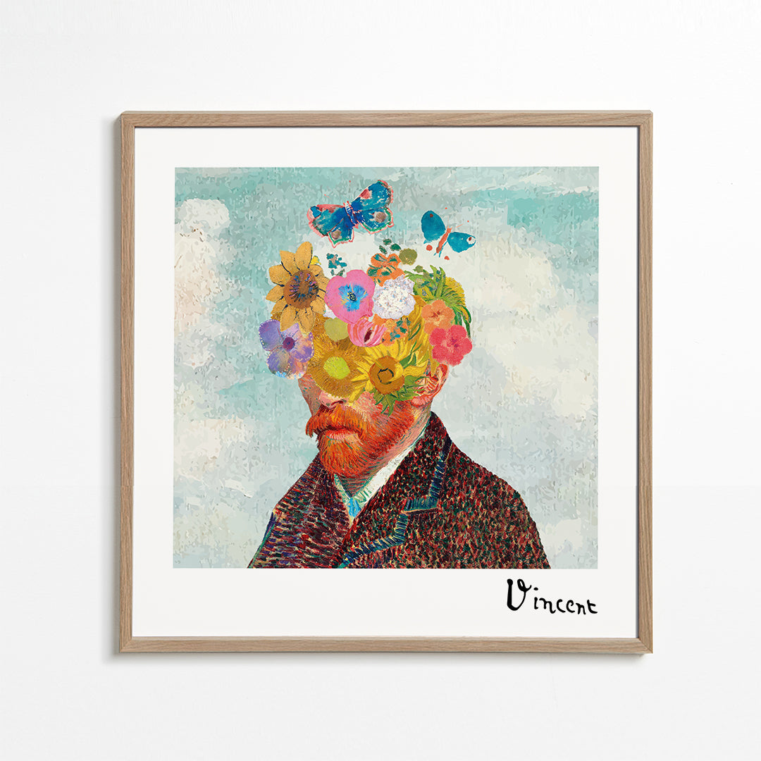 Botanisk poster: blomporträtt med fjärilar