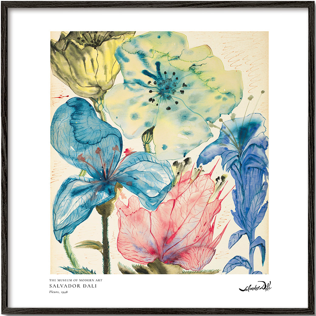 Botanisk poster: akvarell blå och rosa blommor