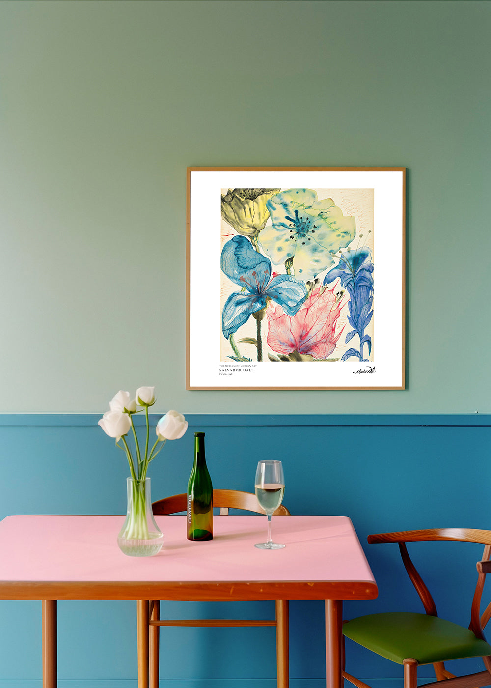 Botanisk poster: akvarell blå och rosa blommor