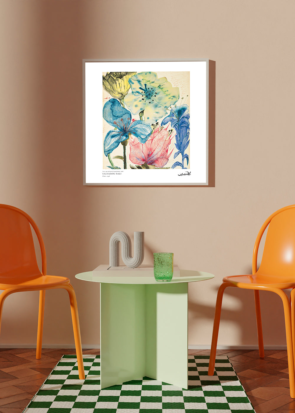 Botanisk poster: akvarell blå och rosa blommor