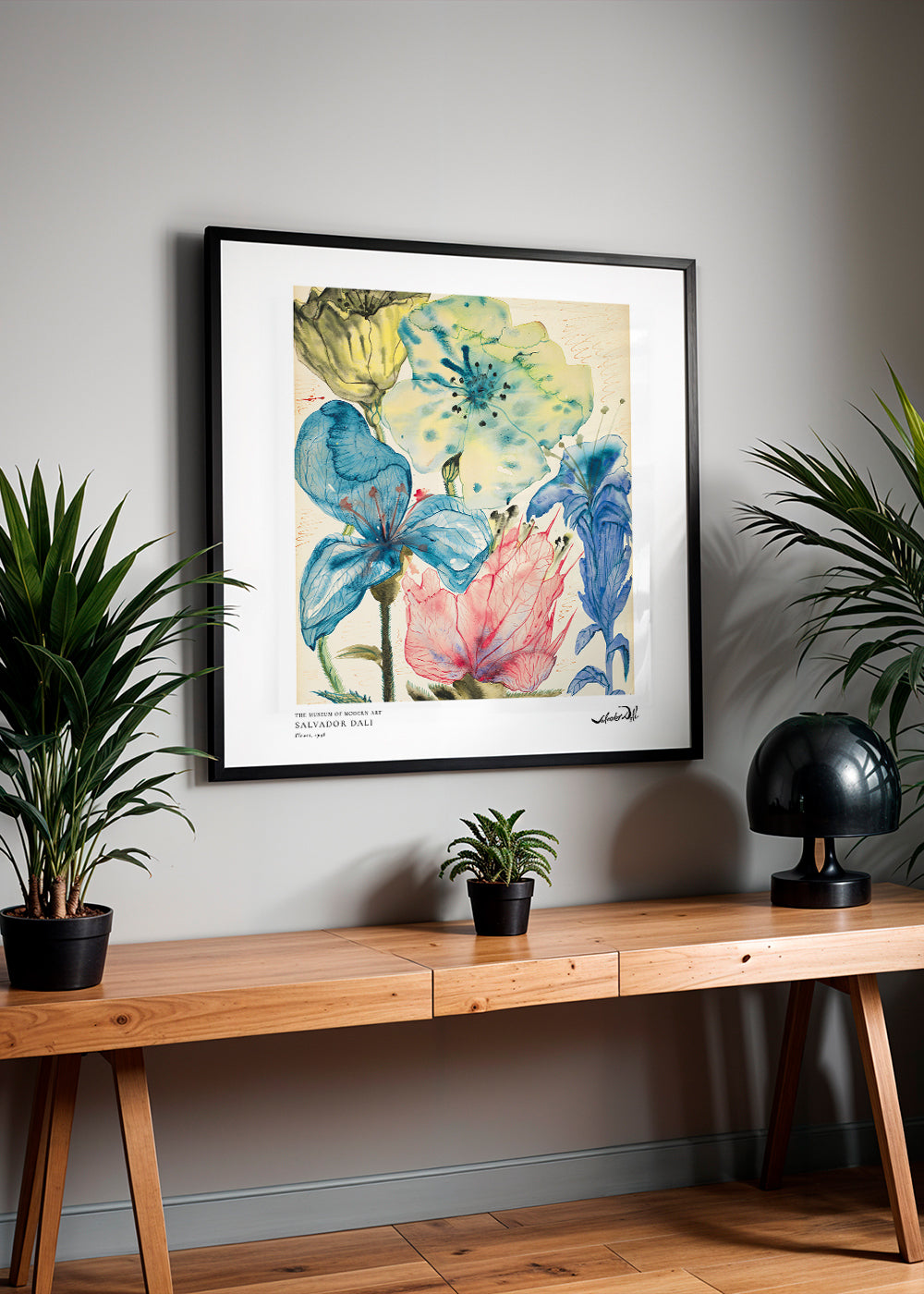 Botanisk poster: akvarell blå och rosa blommor