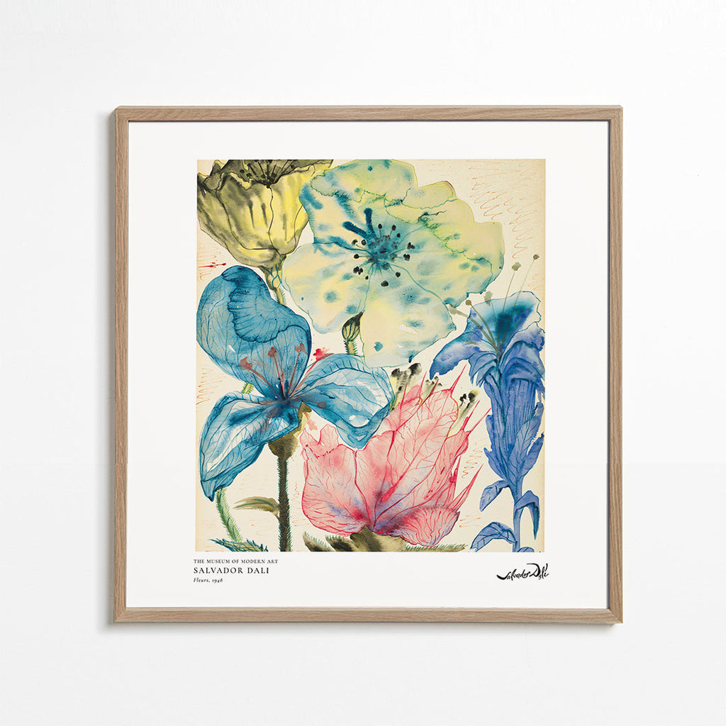 Botanisk poster: akvarell blå och rosa blommor