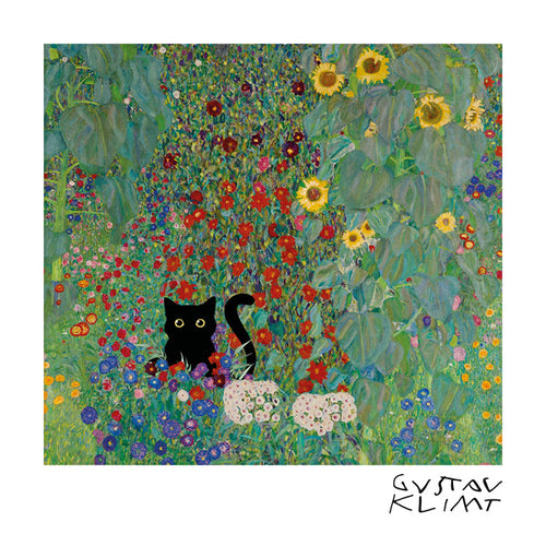 Katt i blomsterträdgård affisch