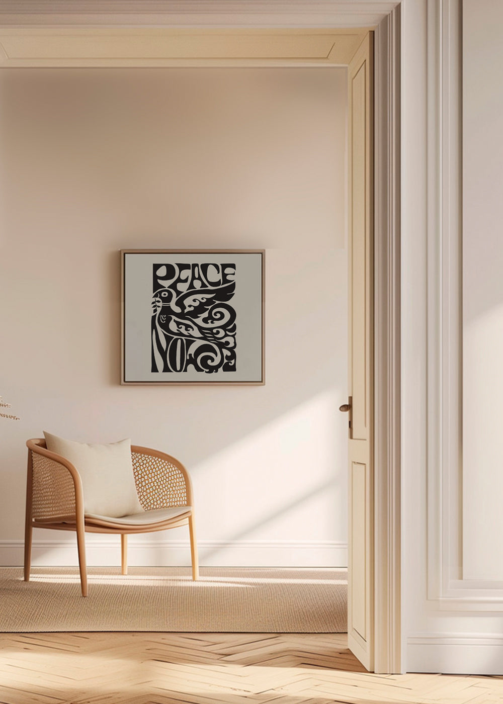 Vintage-affisch med typografisk duva 'Peace Now'