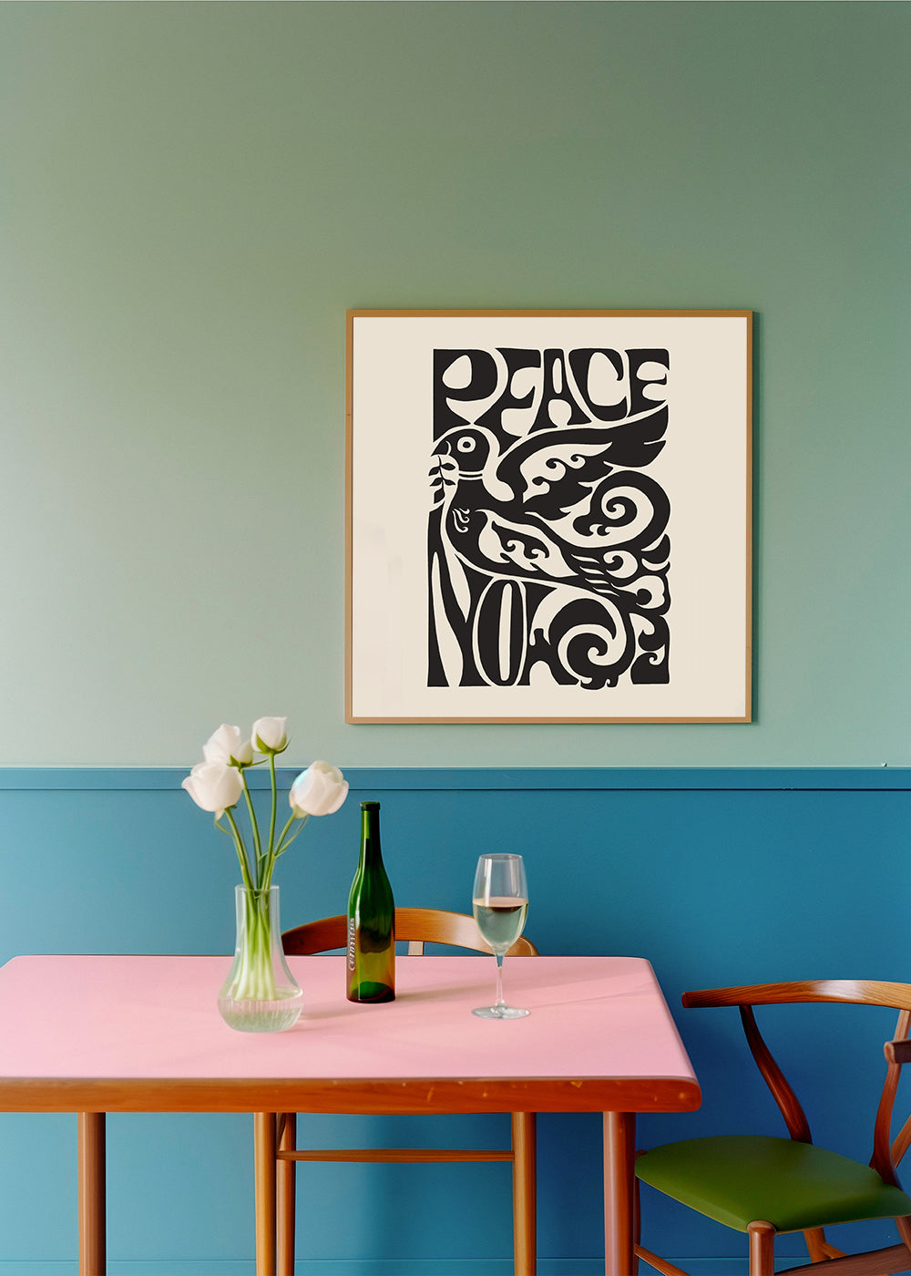 Vintage-affisch med typografisk duva 'Peace Now'