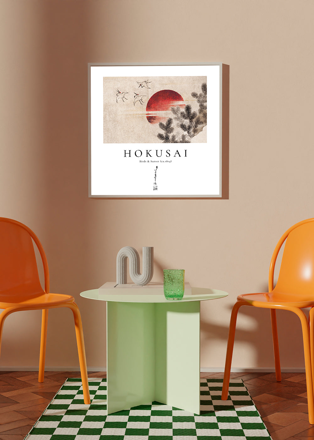 Hokusai-illustration med fåglar och sol