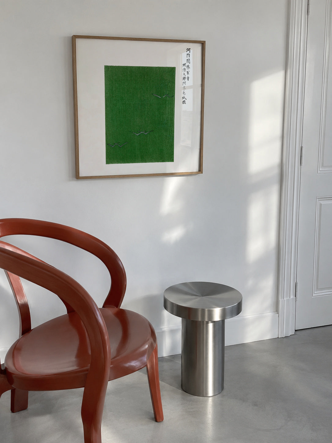 Green Birds Woodblock print from Yatsuo no tsubaki by Taguchi Tomoki - Square - Framed poster in an interior