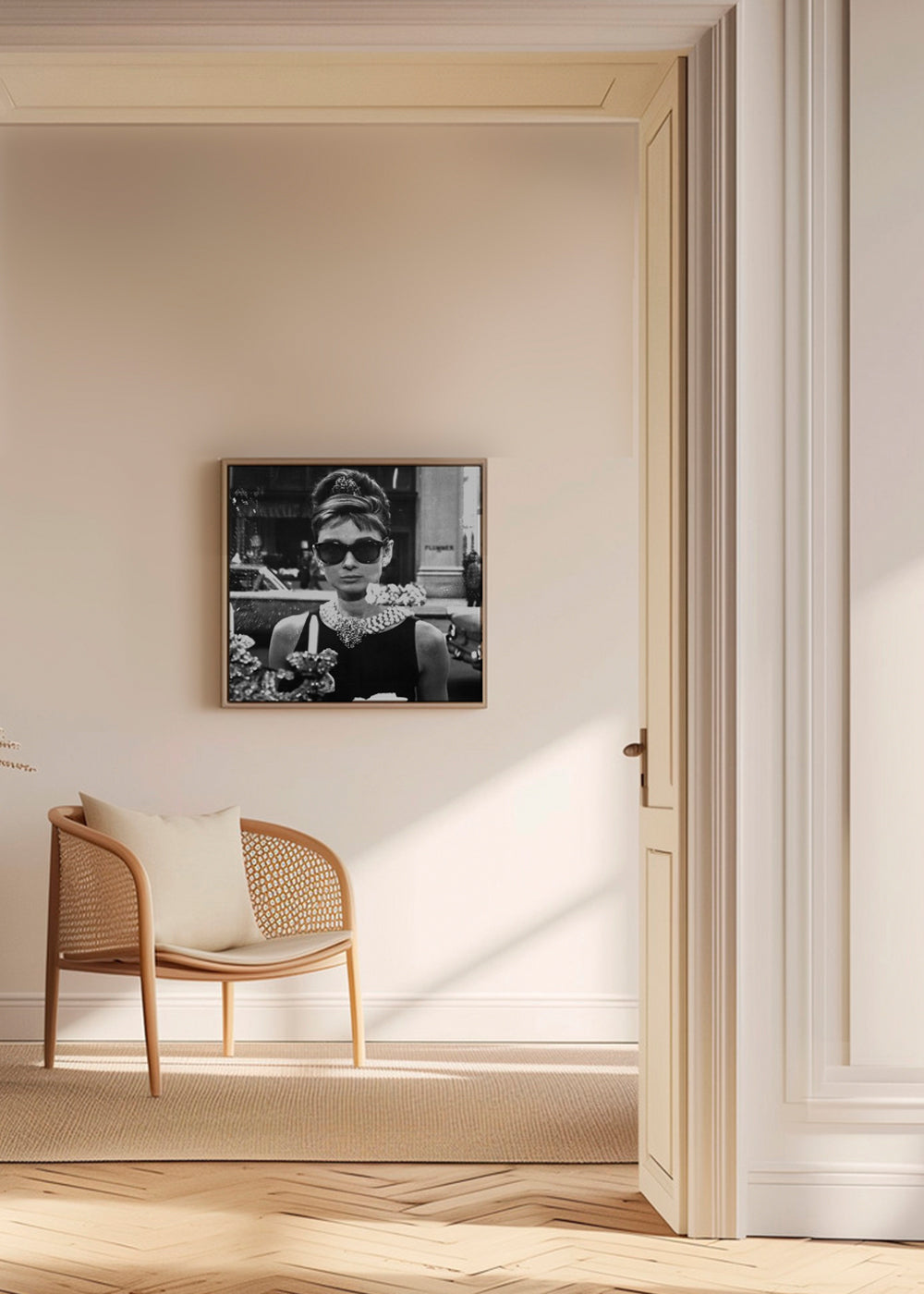 Svartvit fotografi av skådespelerska med pärlhalsband