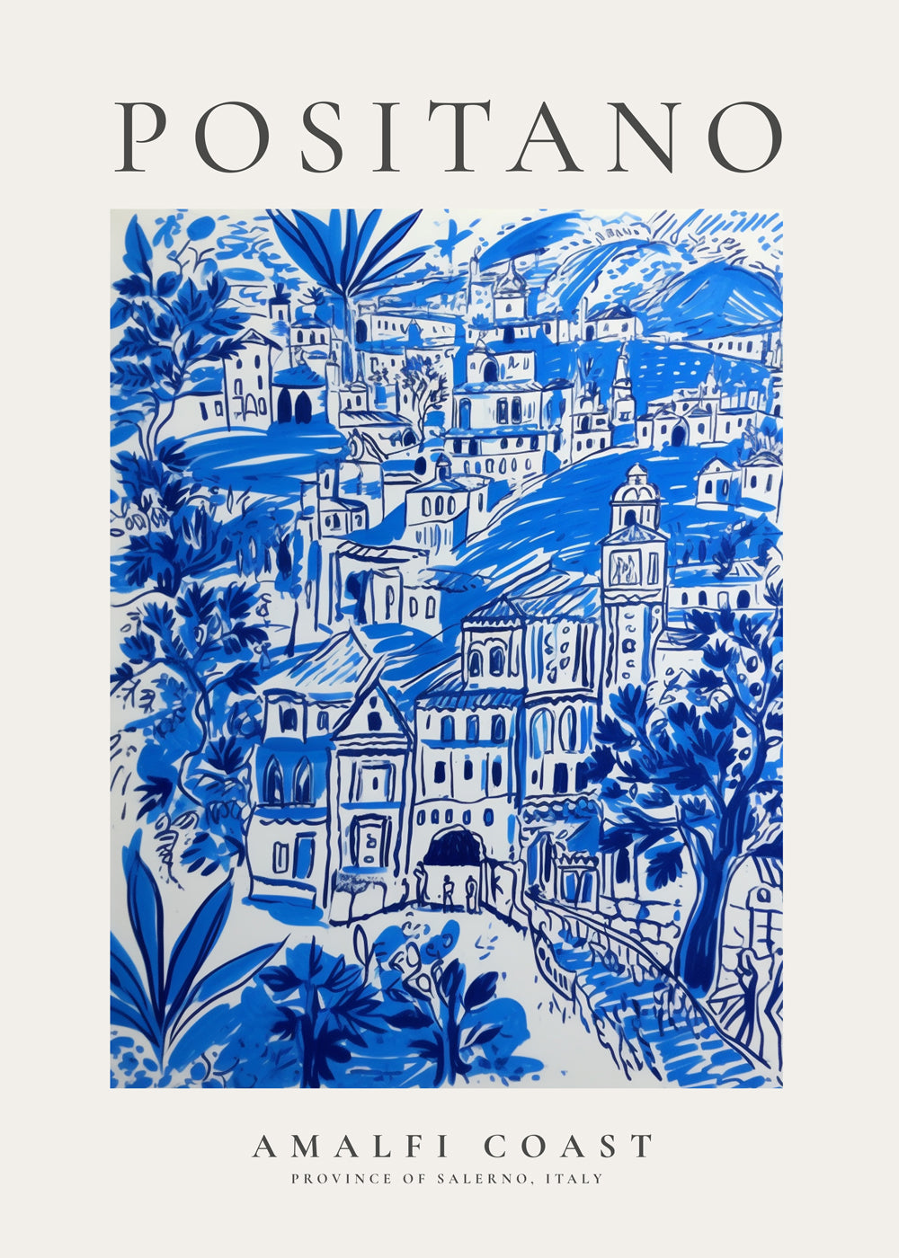 Reseaffisch Positano blå illustration
