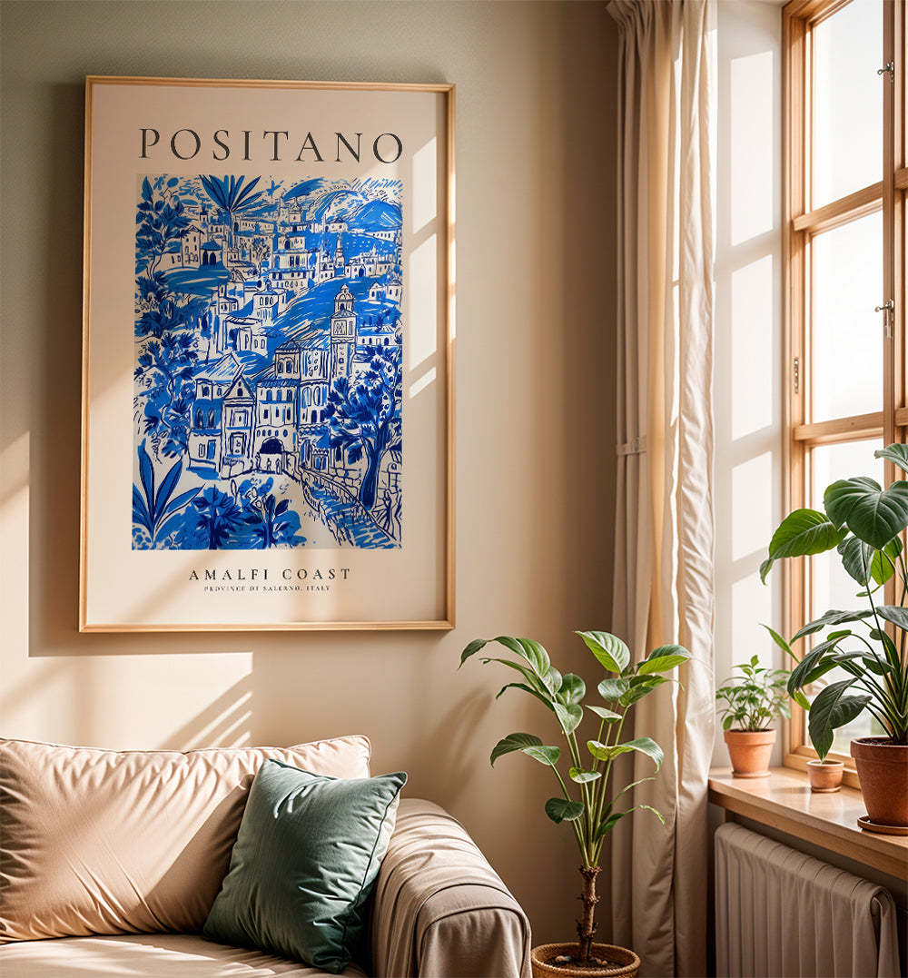Reseaffisch Positano blå illustration