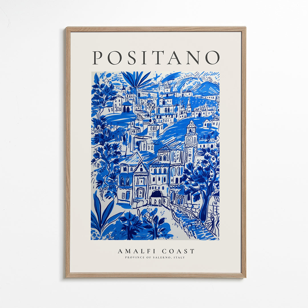Reseaffisch Positano blå illustration