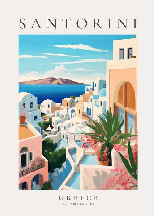 Reseaffisch Santorini kustvy