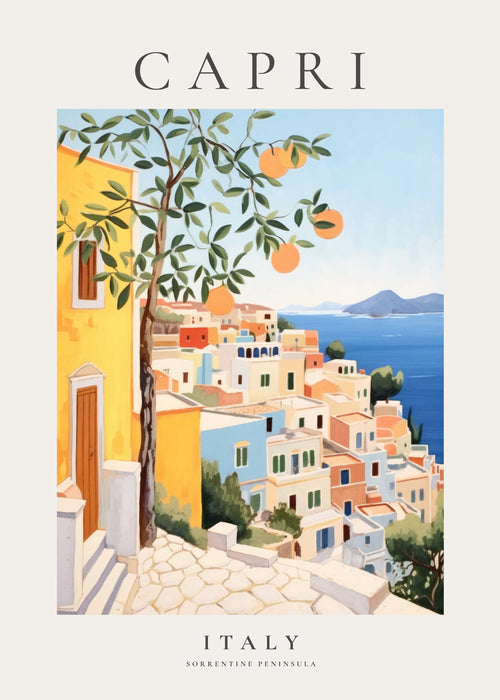 Reseaffisch: Capri-illustration i varma toner