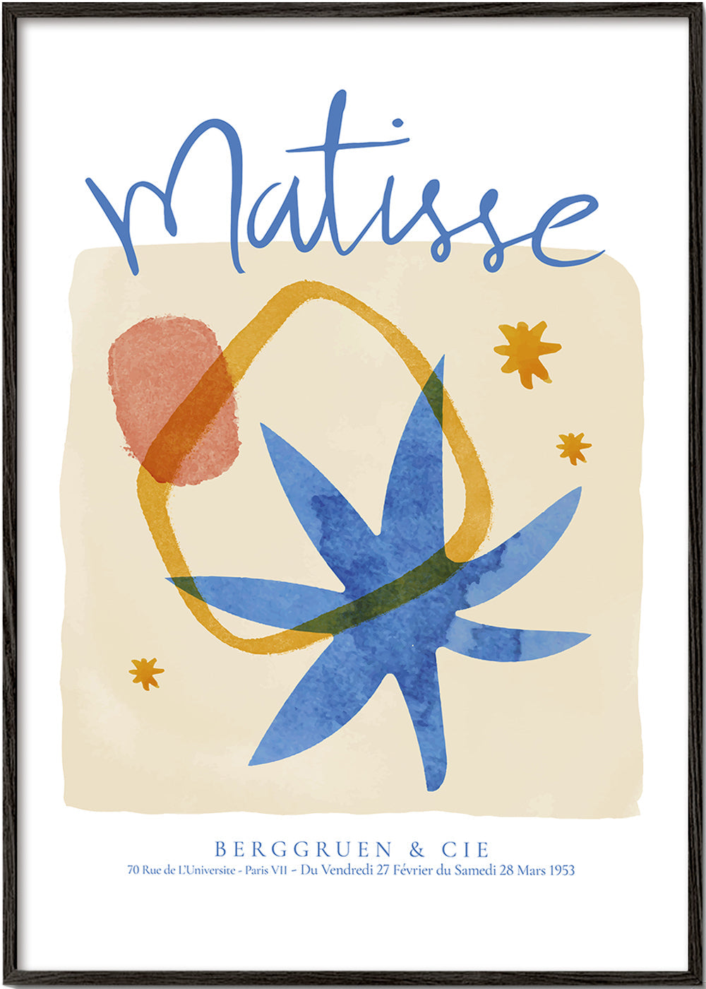 Botanisk illustration i blått och ockra