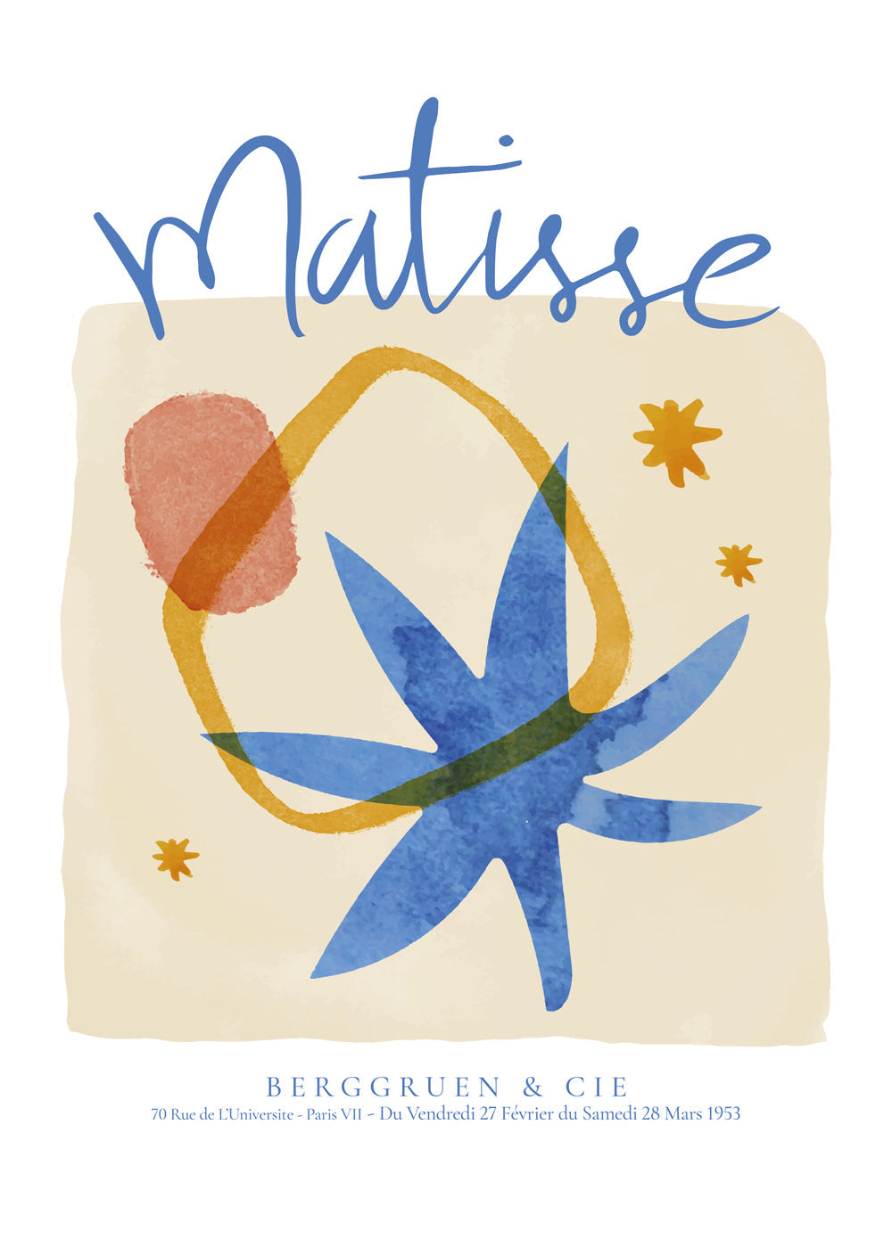 Botanisk illustration i blått och ockra