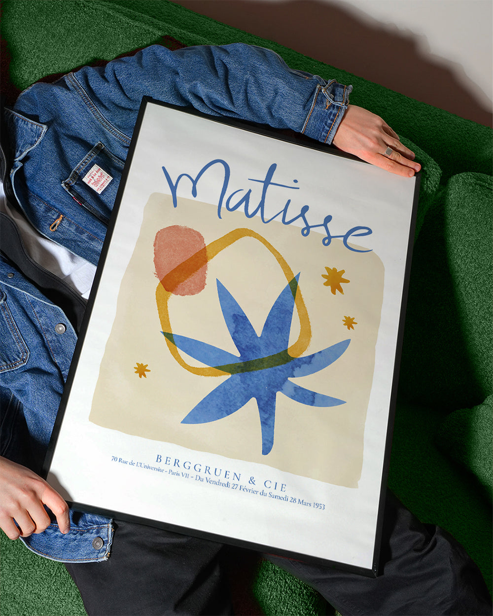 Botanisk illustration i blått och ockra