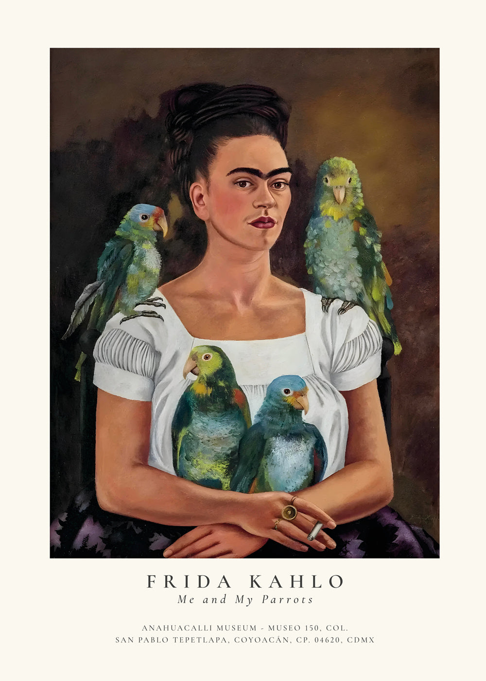 Konstverk Frida Kahlo med papegojor