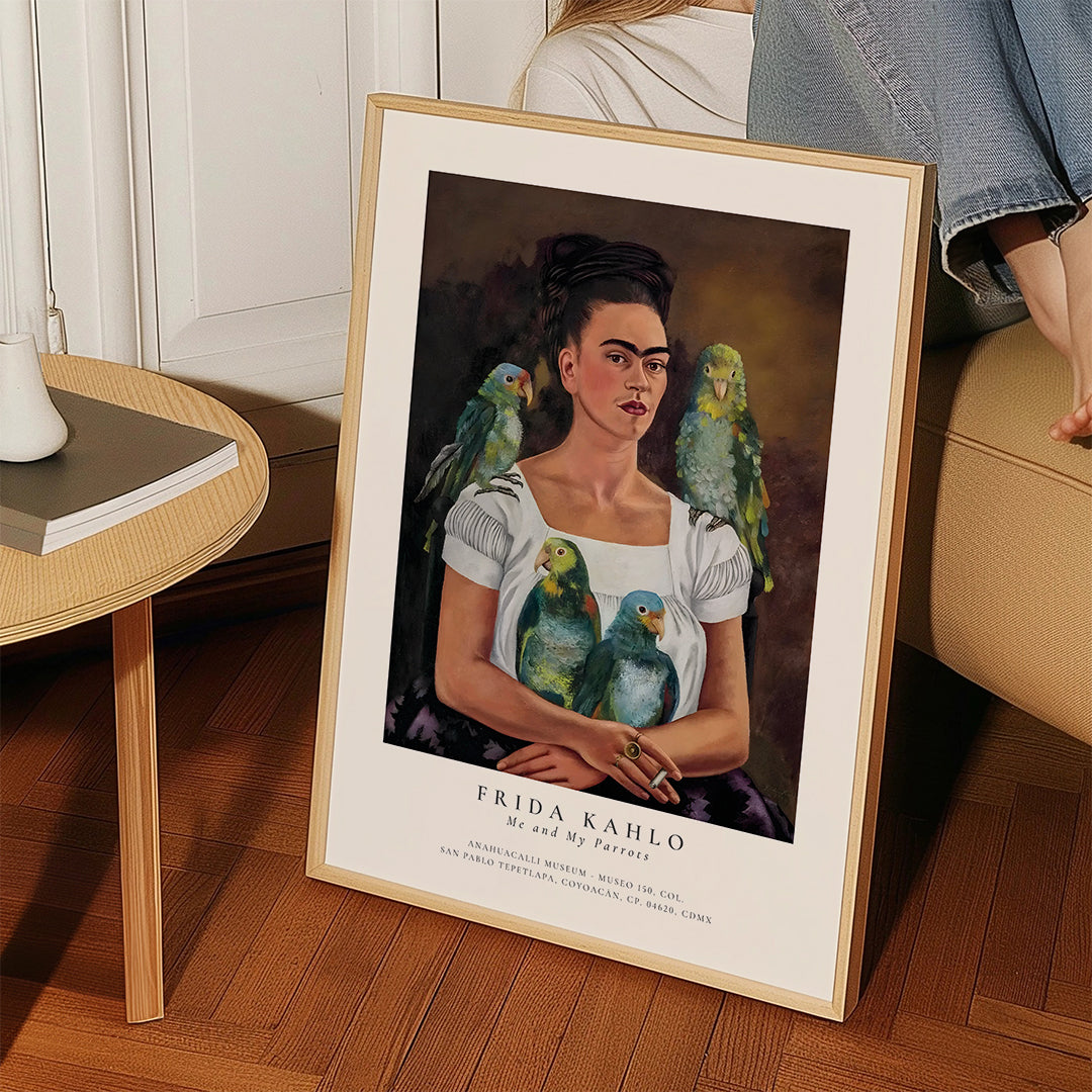 Konstverk Frida Kahlo med papegojor
