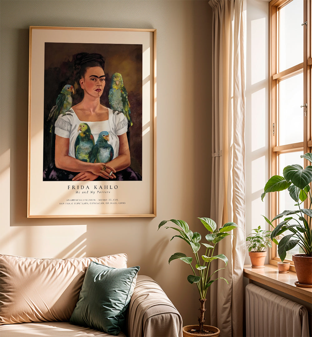 Konstverk Frida Kahlo med papegojor