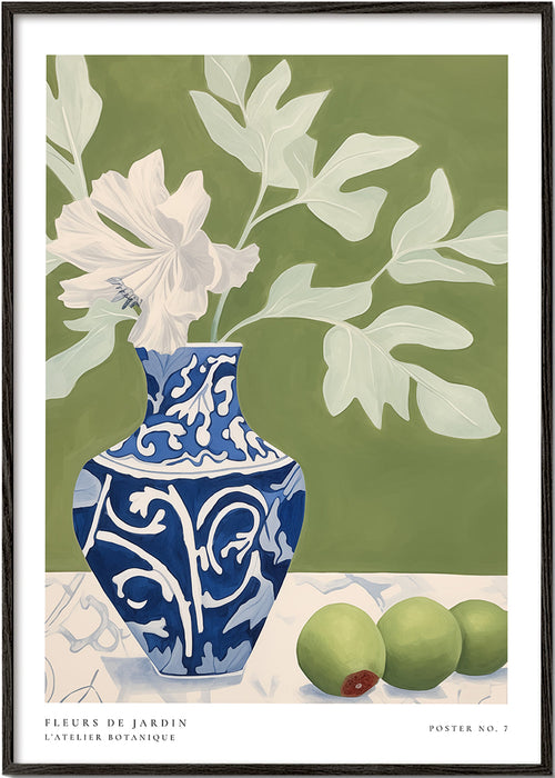 Botanisk poster med blå vas och gröna grenar