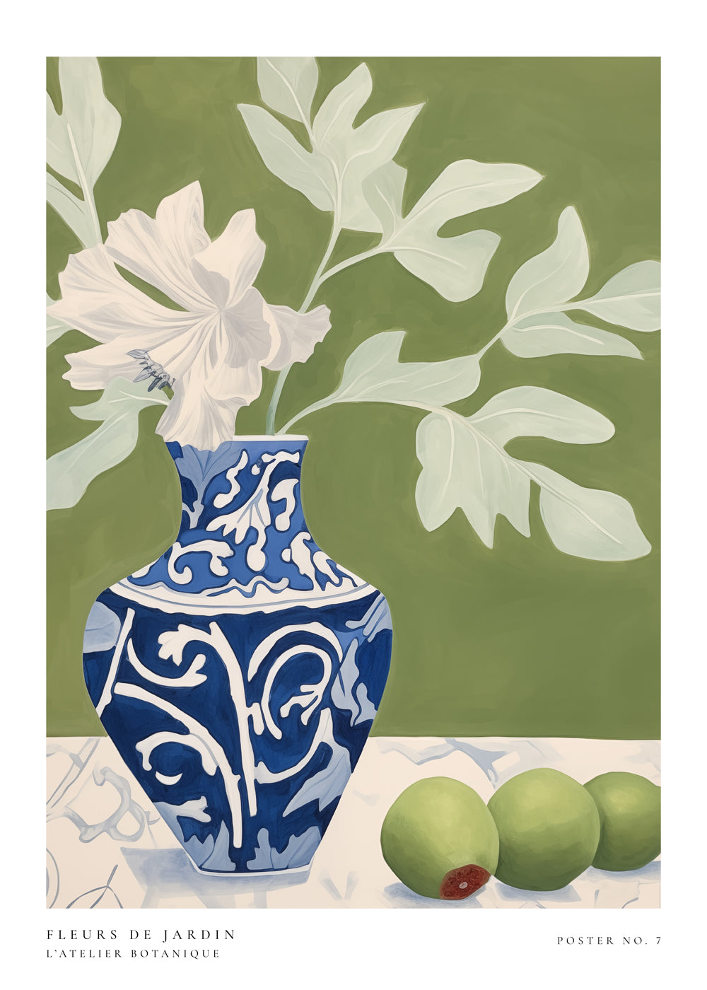 Botanisk poster med blå vas och gröna grenar