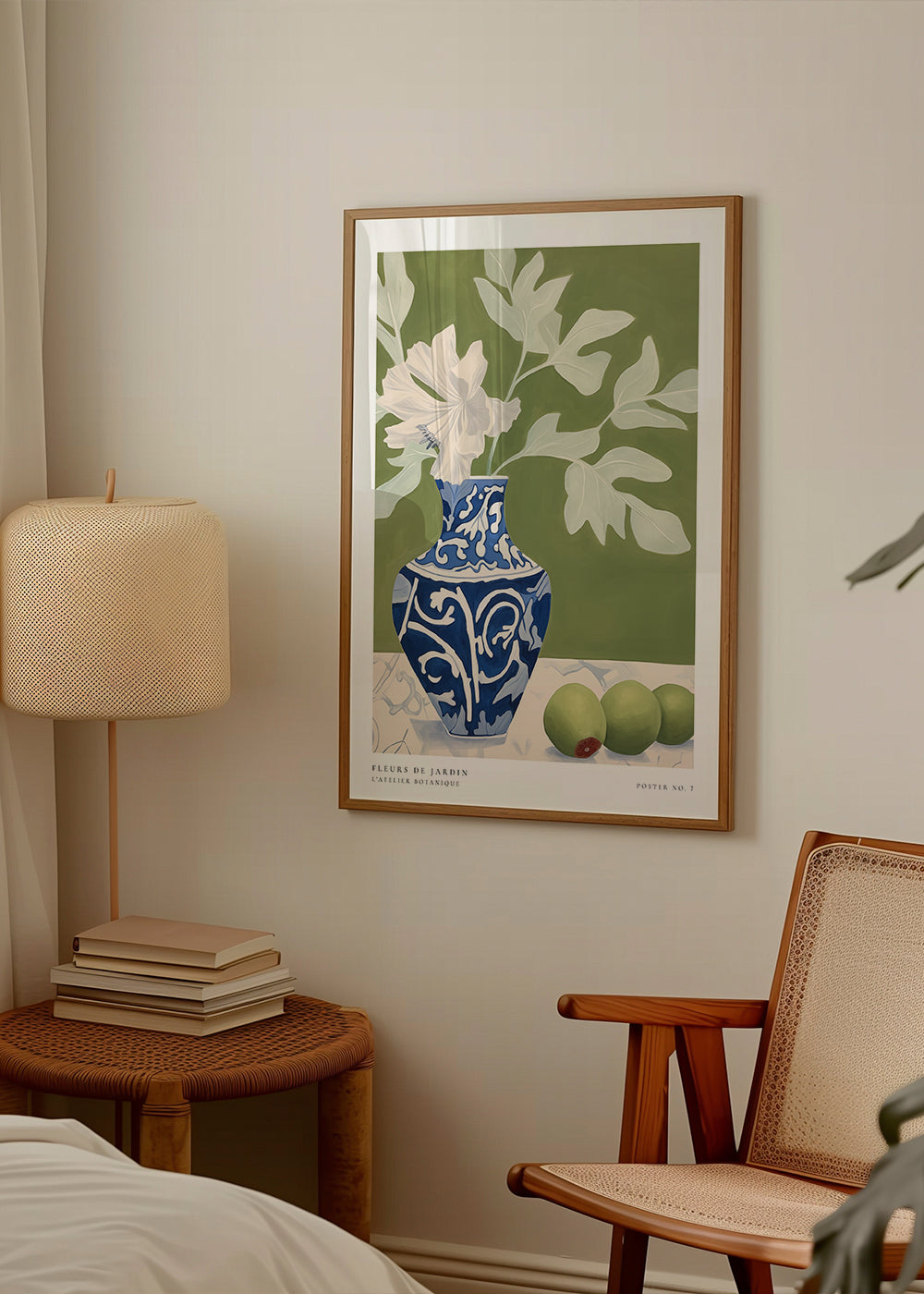 Botanisk poster med blå vas och gröna grenar