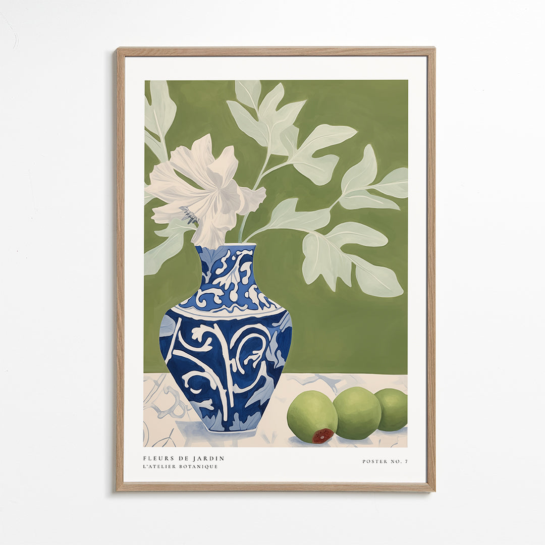 Botanisk poster med blå vas och gröna grenar