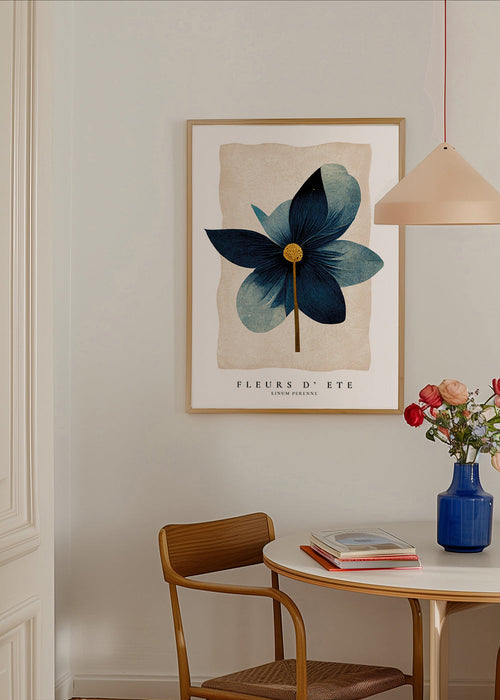 Botanisk print blå med central blomma