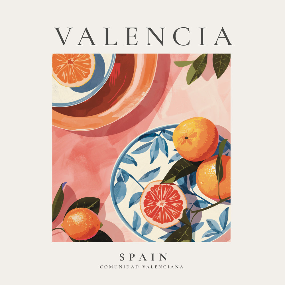 Reseaffisch Valencia med illustrerade apelsiner