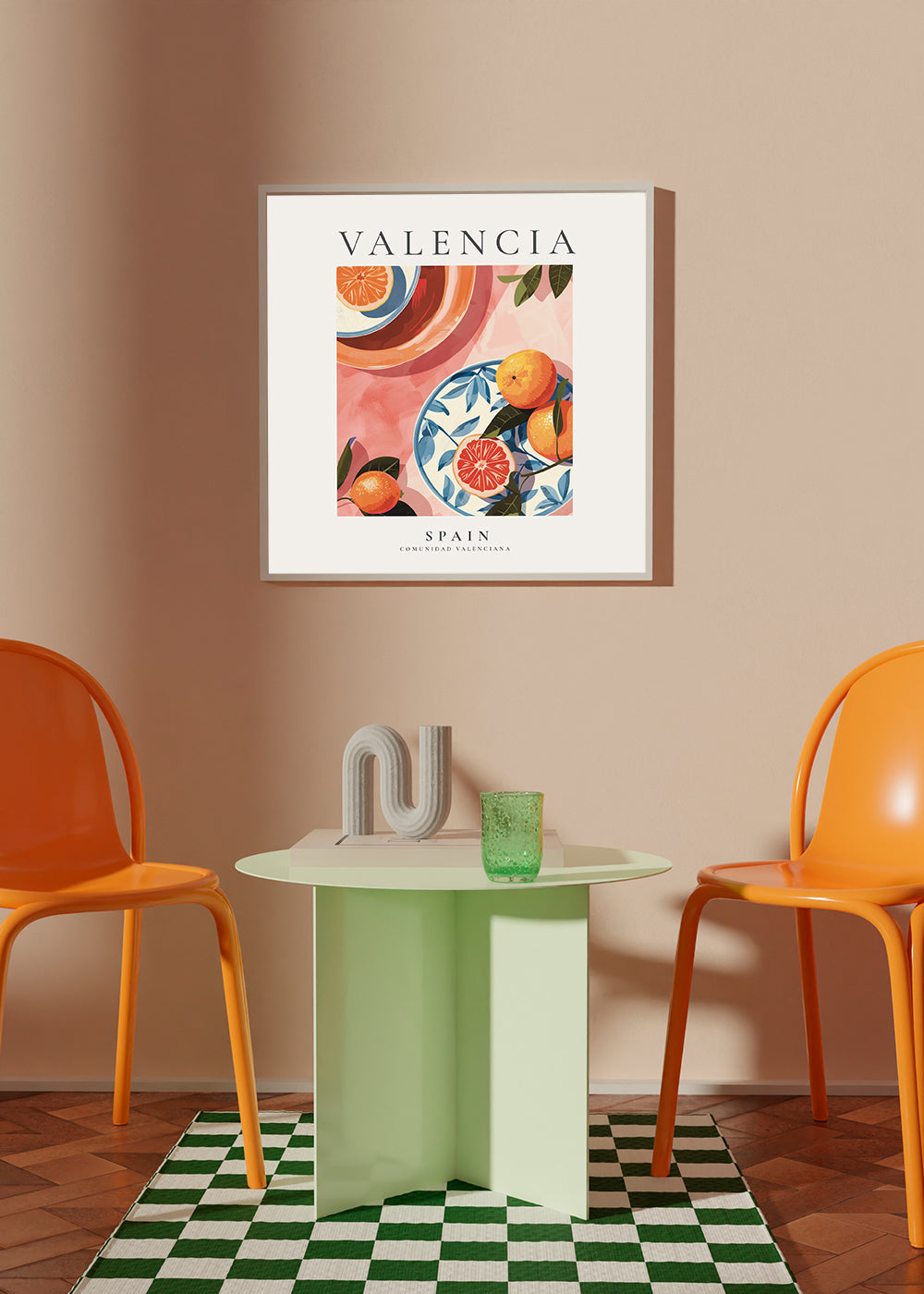 Reseaffisch Valencia med illustrerade apelsiner